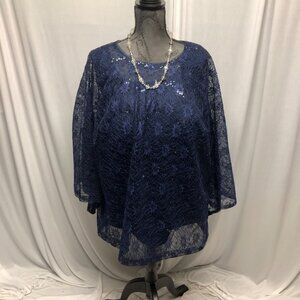 LanTing Bride Blouse Set Women Size XL Navy Blue Sleeveless Top & Lace Overlay